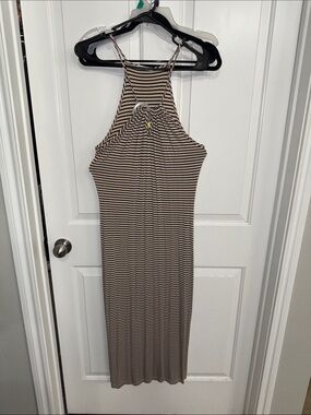 Striped Halter Midi Dress in Beige and Black